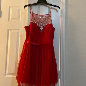 Size 15/16 B Darlin dress red with rhinestone bodice embellishment. Mesh skirt